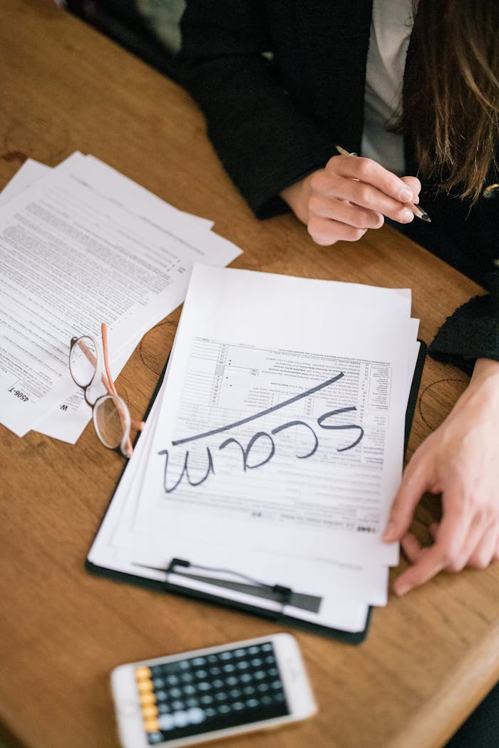 Close-up of hands reviewing suspicious tax documents labeled scam on a desk.